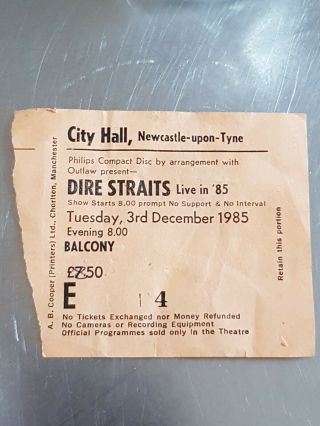 Rare Collectable Dire Straits Live 85 Ticket Newcastle City Hall 1985