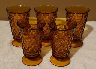 Set Of 5 Vintage Amber Cubist Indiana Whitehall Ice Tea/water Footed Glasses