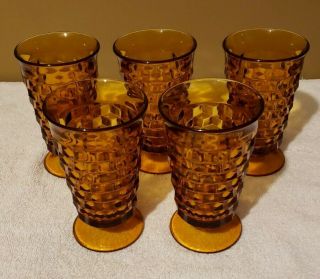 Set of 5 Vintage Amber Cubist Indiana WHITEHALL ICE TEA/WATER Footed Glasses 2