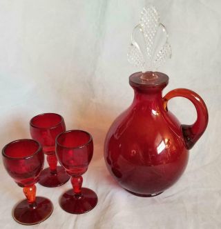 3 Ruby Red Moondrops Cordial Glasses W Decanter And Stopper