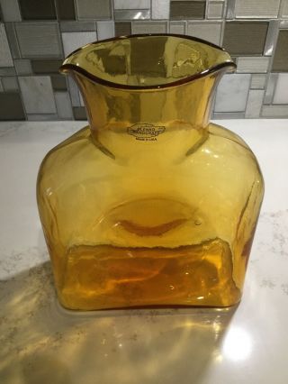 Vintage Mid Century Modern Blenko Amber Yellow Glass Water Pitcher Vase Carafe