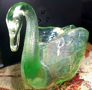 Vintage Fenton Green Opalescent Glass Swan Candy Trinket Dish