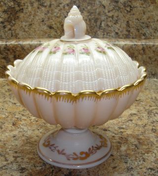 Vintage Lidded,  Pedestal Clam Shell Pink Milk Glass Candy Dish,  Hand Painted