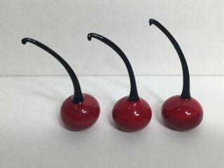 Set Of 3 Murano Art Glass Luscious Red Cherries With Stems Glass Fruit Italy