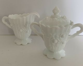 Fenton Milk Glass Creamer 4” And Sugar Bowl With Lid 5.  5” Cabbage Rose Pattern