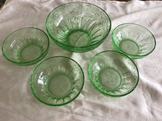 Green Depression Vaseline Glass - 5 Pc Berry Bowl Set