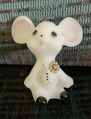 Fenton White Satin Glass Hand Painted Boutonniere & Vest Buddy Mouse Signed
