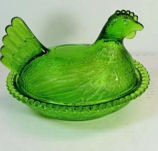 Rare Lime Green Indiana Glass Hen On Nest Candy Dish