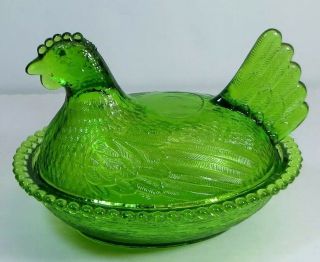 Rare Lime Green Indiana Glass Hen On Nest Candy Dish 2