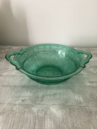 Jeannette Glass Doric And Pansy Teal Ultramarine Handled Bowl 9 "