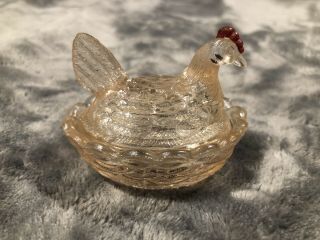 Vintage Pink Vallerysthal Mini Hen On Nest Dish Glass Salt Cellar