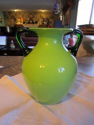 Gorgeous Handblown Two Tone Green Glass Vase With Handles 8.  75 " - Hym