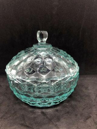 Vintage Fostoria American Pattern Blue Glass Candy Dish Covered Bowl