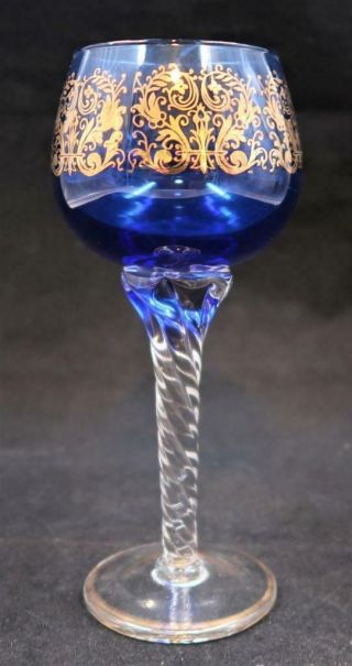 Bohemian Vintage Hand - Blown Cobalt Blue W/ Gold Gilt Twisted Stem Wine Glass,  7 "