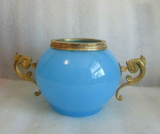 Antique Blue French Opaline Glass Vase Jar W Gold Gilt Ormolu Handles Ai