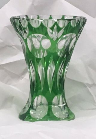 Czech Bohemian Emerald Green Cut To Clear Art Glass Toothpick Holder Vase 4 1/2 "