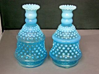 Matched Pair Lamp Bases Fenton Blue Opalescent Hobnail - Vintage 1950s - 7 " Tall -