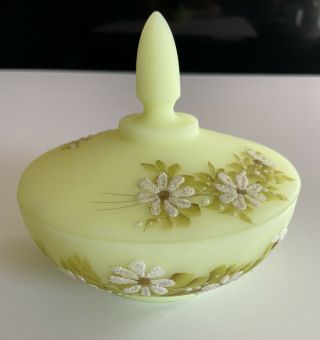 Fenton Hand Painted Satin Custard Flowers Candy Dish With Lid - Signed