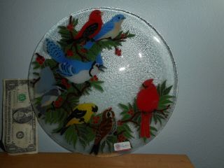 Signed Tagged Peggy Karr Fused Glass 11.  25 " Birds Plate Handmade In The Usa