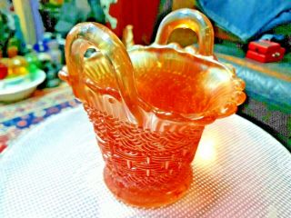 Vintage Dugan Marigold Carnival Glass Weave Handled Basket Dish Gorgeous