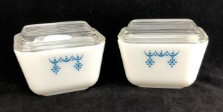 Vintage Pyrex Blue Snowflake Garland Refrigerator Dishes 501s 1972 - 75 (2)
