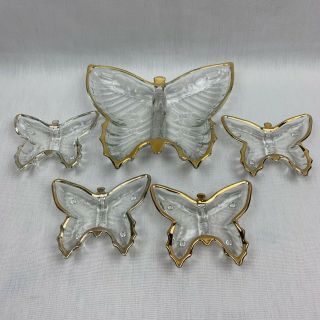 Mid Century Jeanette Glass 5 Piece Butterfly Candy Nut Dish Set 22kt Gold Trim