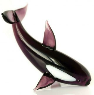Black White Whale Figurine Blown Glass " Murano " Art Animal Fish Sculpture