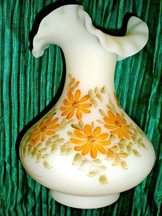 Vintage Hand - Signed Fenton Custard Glass Ruffled Vase,  Cream W/yellow Daisies