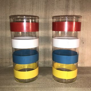 2•mid Century Modern•red/white/blue/yellow Striped•tumbler•cups•glasses•16 Oz
