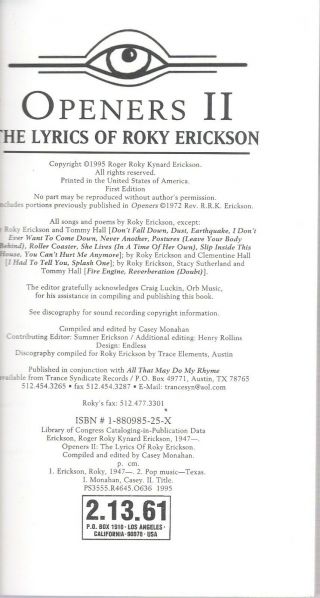 Roky Erickson Openers II The Lyrics Of Roky Erickson softcover book 3