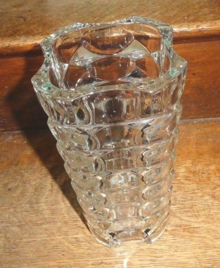 Signed FRANCE Heavy Crystal Glass Vase Mid Century Modern Eames Geometric 9.  5 