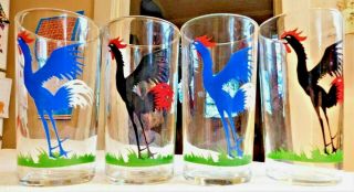 Set Of Four (4) Vintage Federal Glass Rooster Themed 5 " Tall Tumbler Glasses