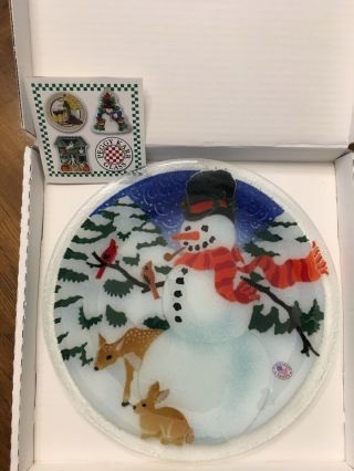 Peggy Karr Fused Glass Snowman Plate Signed - 11 " With Paperwork