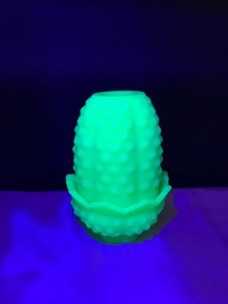 Fenton Custard Glass Green Satin Uranium Hobnail Fairy Lamp 4.  5 " Tall Glows