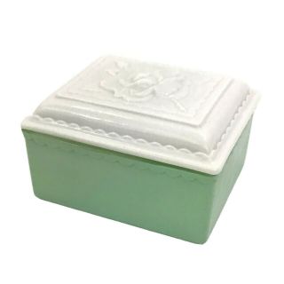 Fire King Vitrock Cigarette Trinket Box Rose Lid Jade Green White Vintage