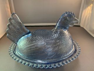 Vintage Indiana Glass Hen On Nest - - Pale Blue Glass