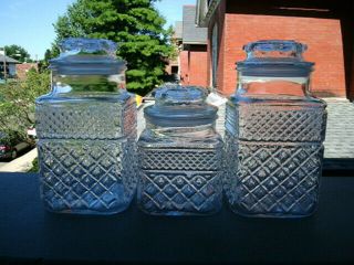 Set Of 3 Anchor Hocking Wexford Canister Set Clear Pressed Glass Criss - Cross