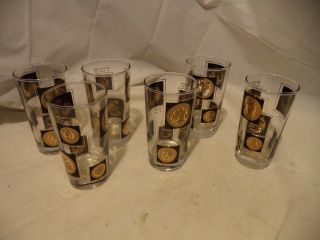 Set Of 6 Gold And Black Dollar Coin High Ball Tumblers Mid Century Vintage