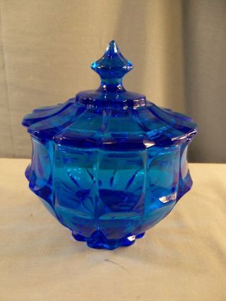 Fenton Blue Glass Valencia Pattern Covered Candy Dish