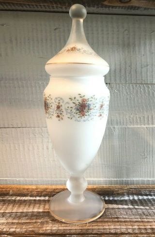 Vintage Glass Lid Apothecary Jar White Frosted Satin Glass Floral Roses & Gold