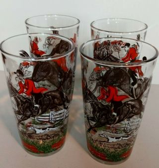(4) Vintage Horse And Rider Drinking Glasses Fox Hunt Horse Jumping Perfect