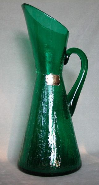 Vintage Mcm Pilgrim Usa Hand Blown Green Crackle Glass Pitcher 13 ",  Label