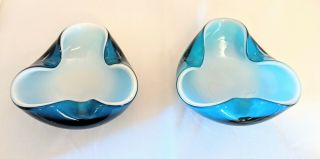 Two Vintage Ruffled Hand Blown Art Glass Bowl Dish Ashtray Blue And White 4 1/2 "