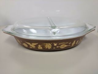 Pyrex Brown Early American 1.  5 Qt Divided Casserole W/ Lid
