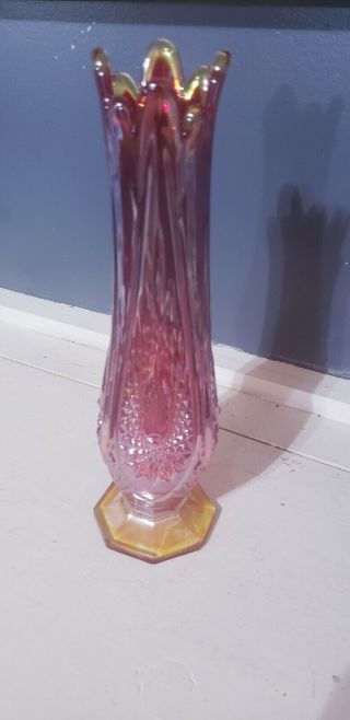 Indiana Glass Heirloom Octagon Sunset Ruby (red) Carnival Glass 12 " Footed Vase