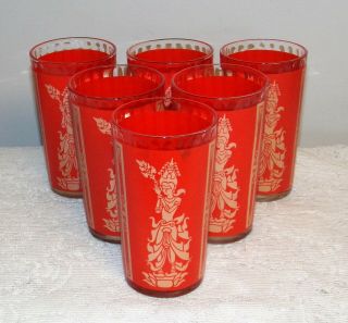 1960 Mid Century Culver Red Gold Siam Thai Goddess Drinking Glasses Tumblers