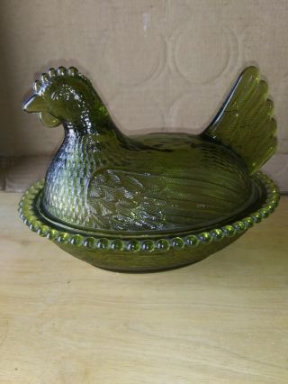 Indiana Glass Hen On Nest Olive Green Chicken Candy Dish Bowl With Lid