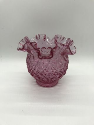Vintage Fenton Art Glass Cranberry Pink Ruffled Footed Bowl Vase 4 1/4”