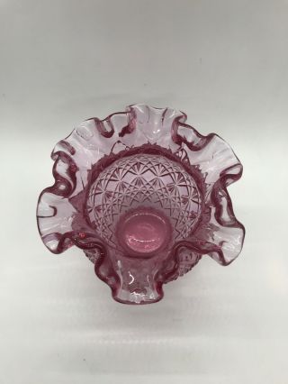 Vintage Fenton Art Glass Cranberry Pink Ruffled Footed Bowl Vase 4 1/4” 2
