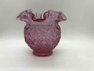 Vintage Fenton Art Glass Cranberry Pink Ruffled Footed Bowl Vase 4 1/4” 3